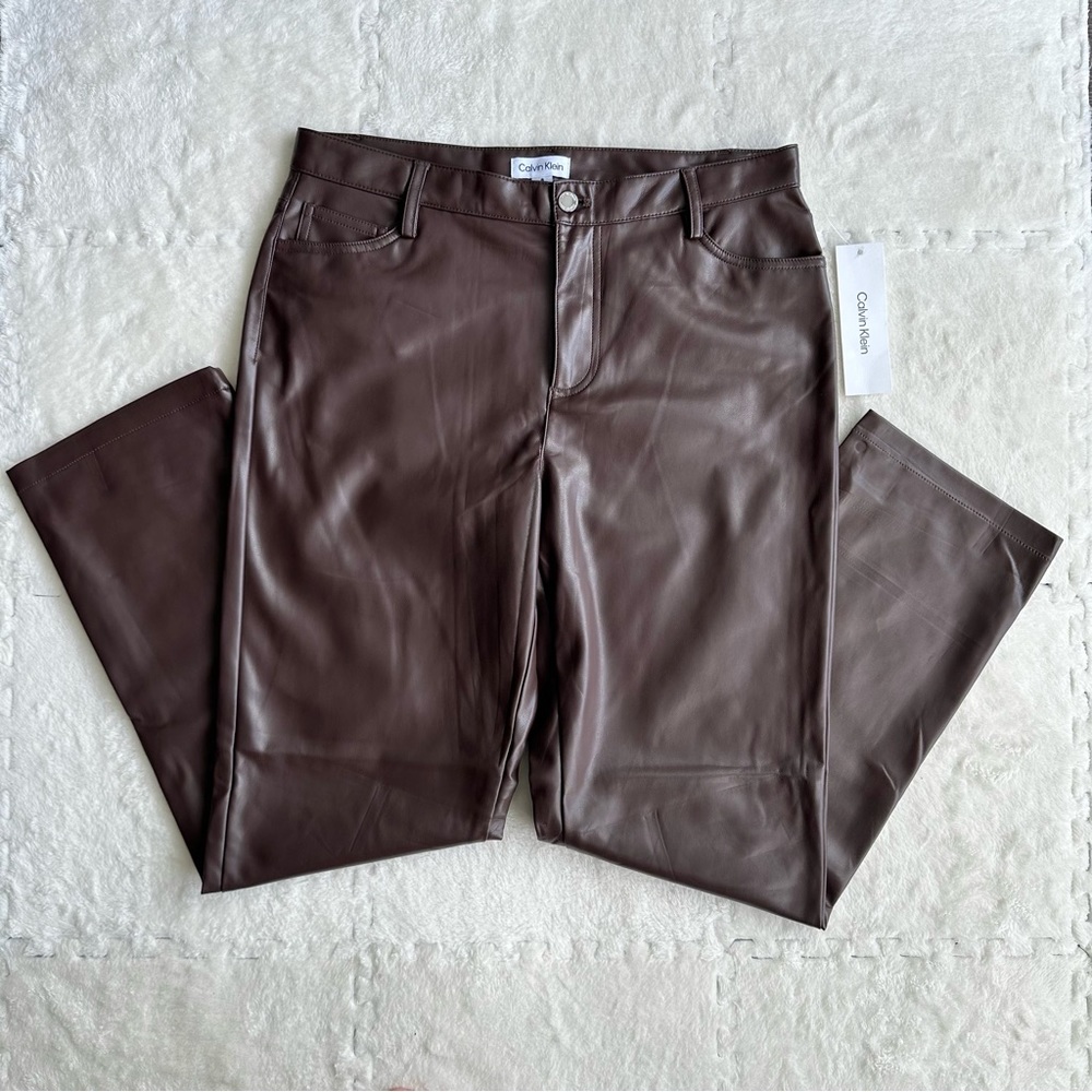 NWT Calvin Klein coffee bean/ brown faux leather straight leg pants, size 8